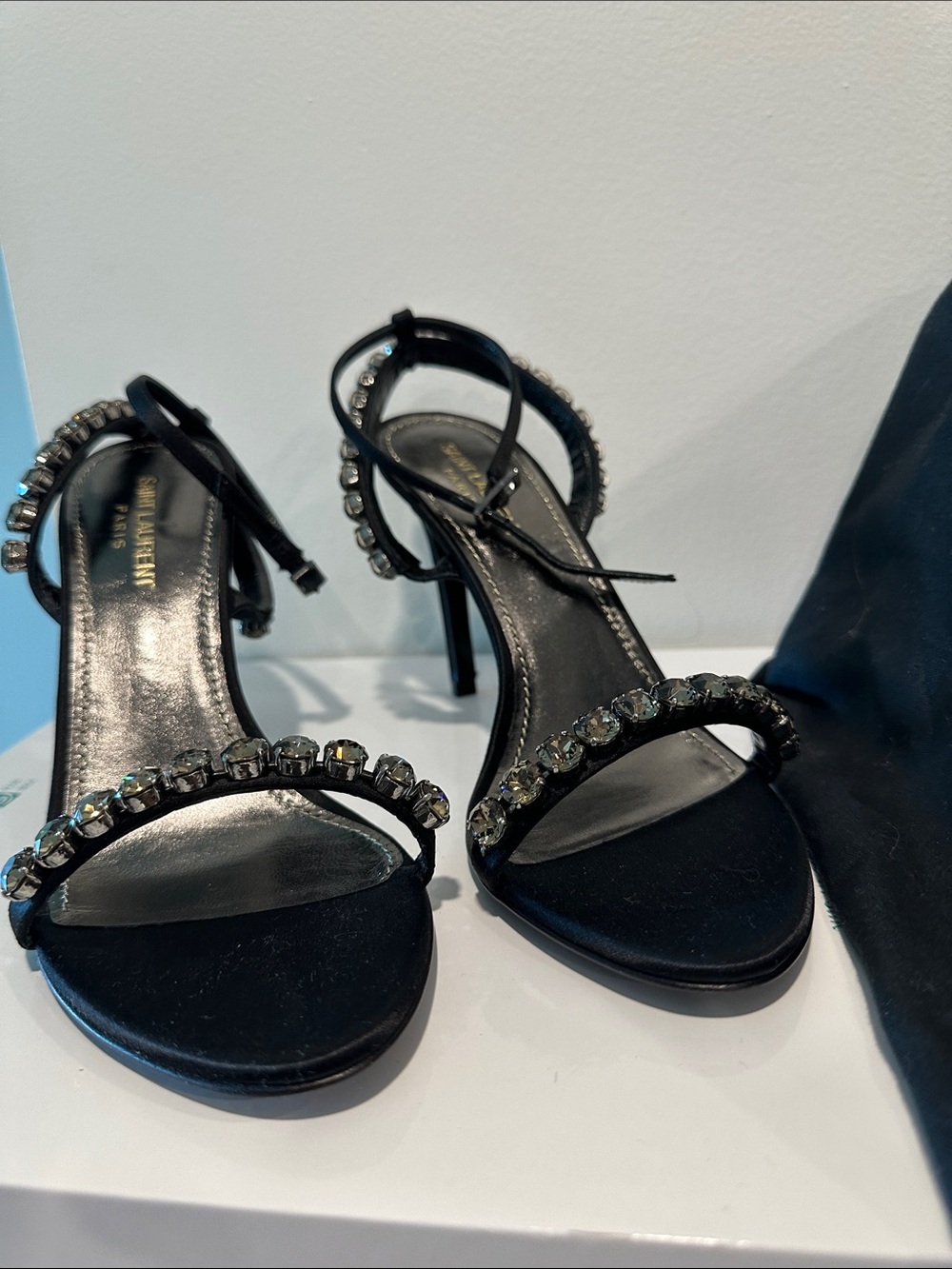 Saint Laurent Black Crystal-Strap Slingback Heels - Picture 2 of 9